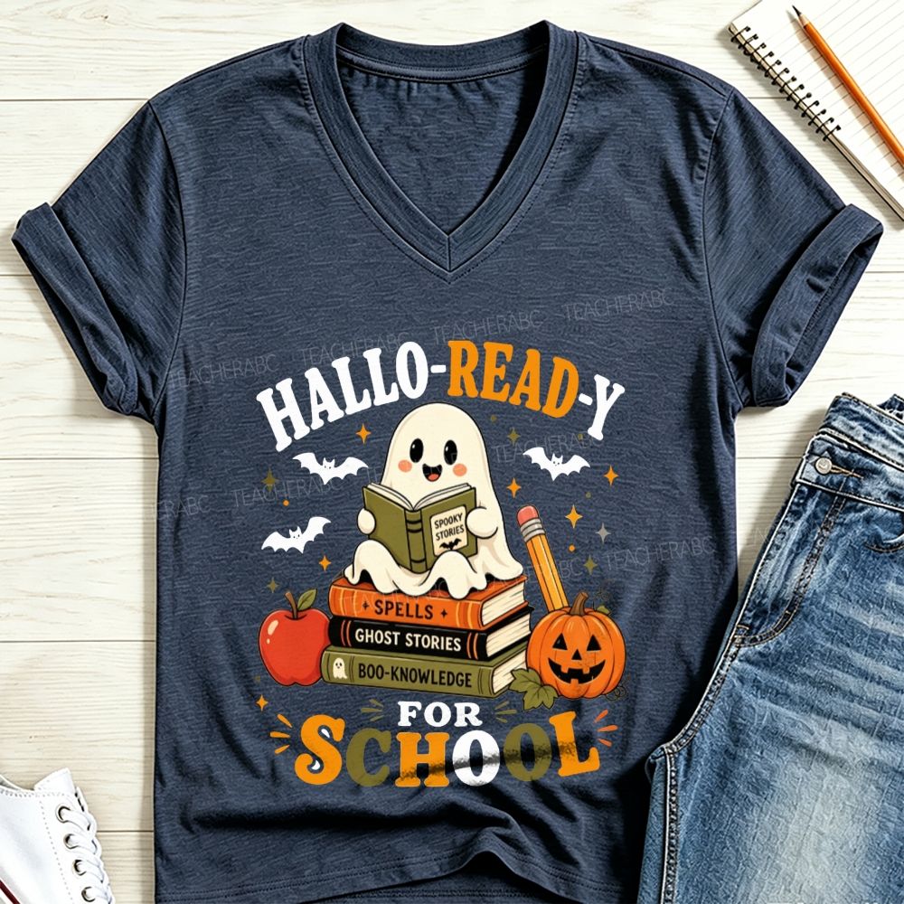 Hallo-Ready For School Ghost Reading Book Stack Pumpkin Halloween V Neck T-shirt