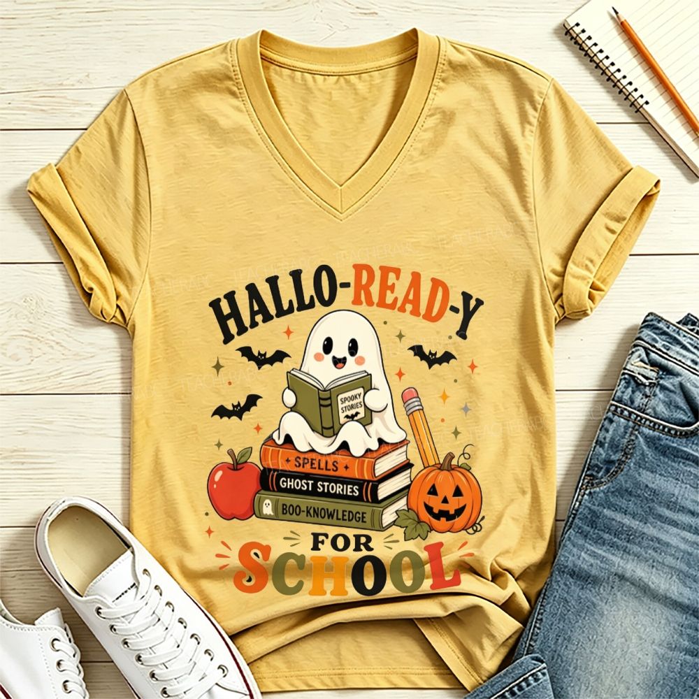 Hallo-Ready For School Ghost Reading Book Stack Pumpkin Halloween V Neck T-shirt