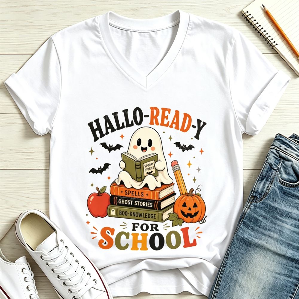 Hallo-Ready For School Ghost Reading Book Stack Pumpkin Halloween V Neck T-shirt