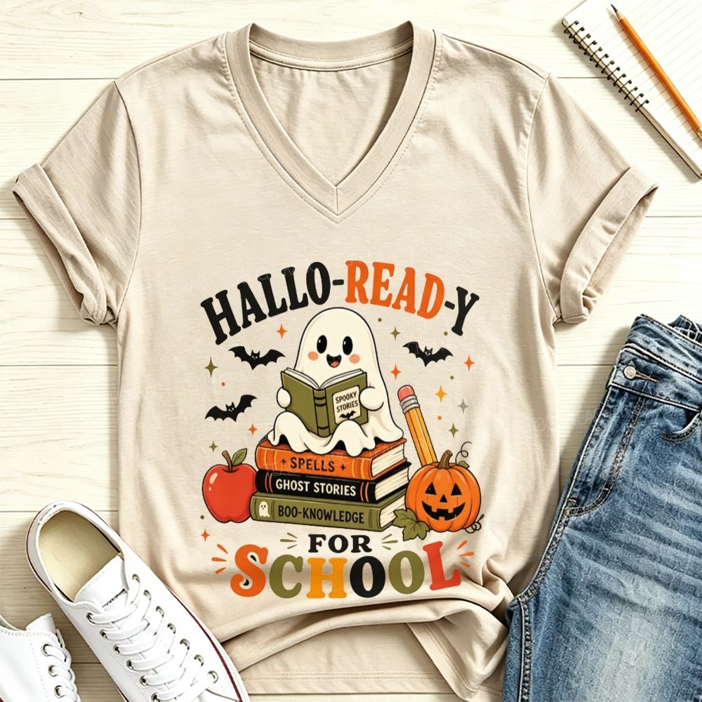 Hallo-Ready For School Ghost Reading Book Stack Pumpkin Halloween V Neck T-shirt