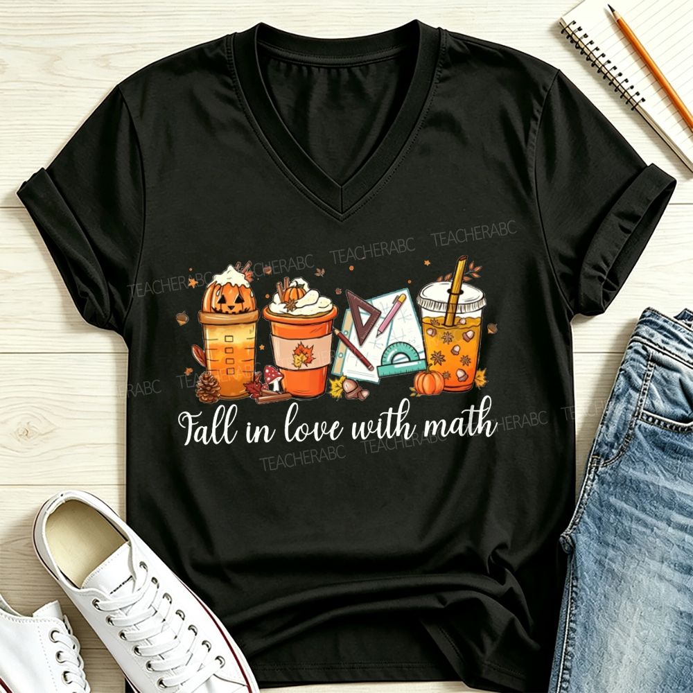 Fall In Love With Math Pumpkin Spice Coffee Latte Math Teacher V Neck T-shirt