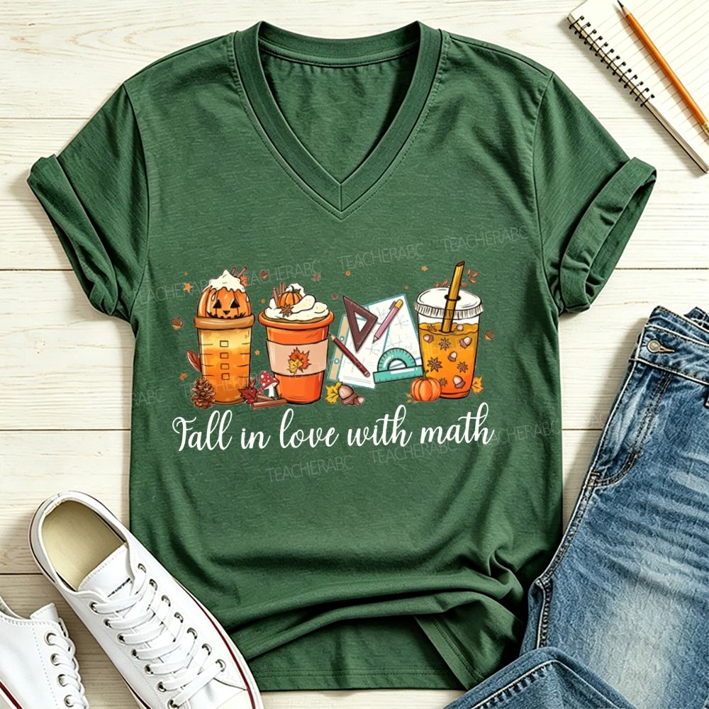 Fall In Love With Math Pumpkin Spice Coffee Latte Math Teacher V Neck T-shirt