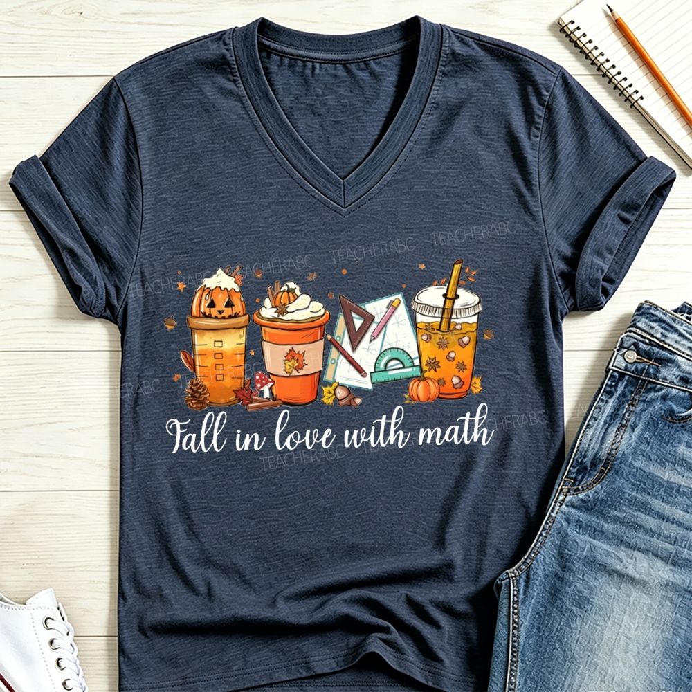 Fall In Love With Math Pumpkin Spice Coffee Latte Math Teacher V Neck T-shirt