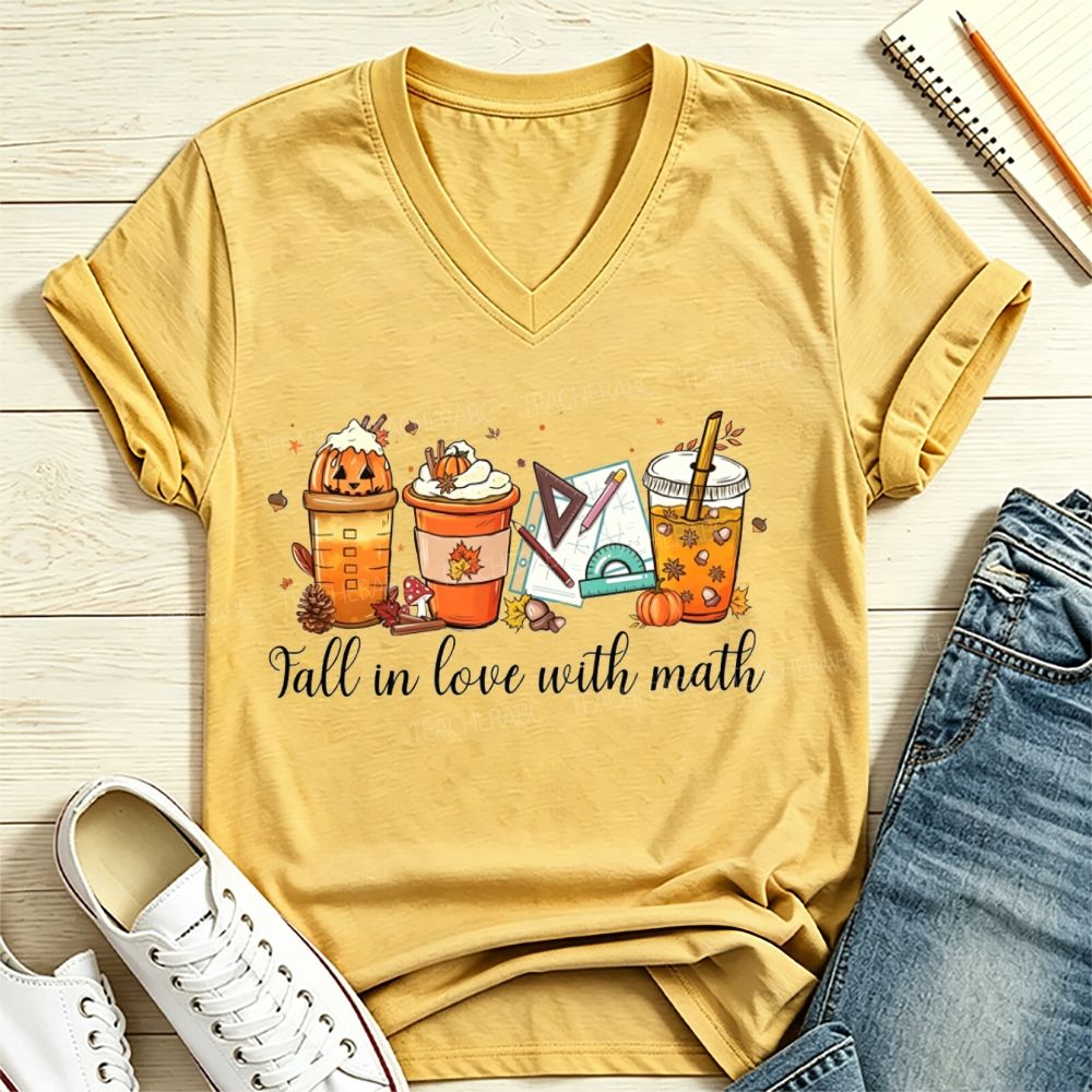 Fall In Love With Math Pumpkin Spice Coffee Latte Math Teacher V Neck T-shirt