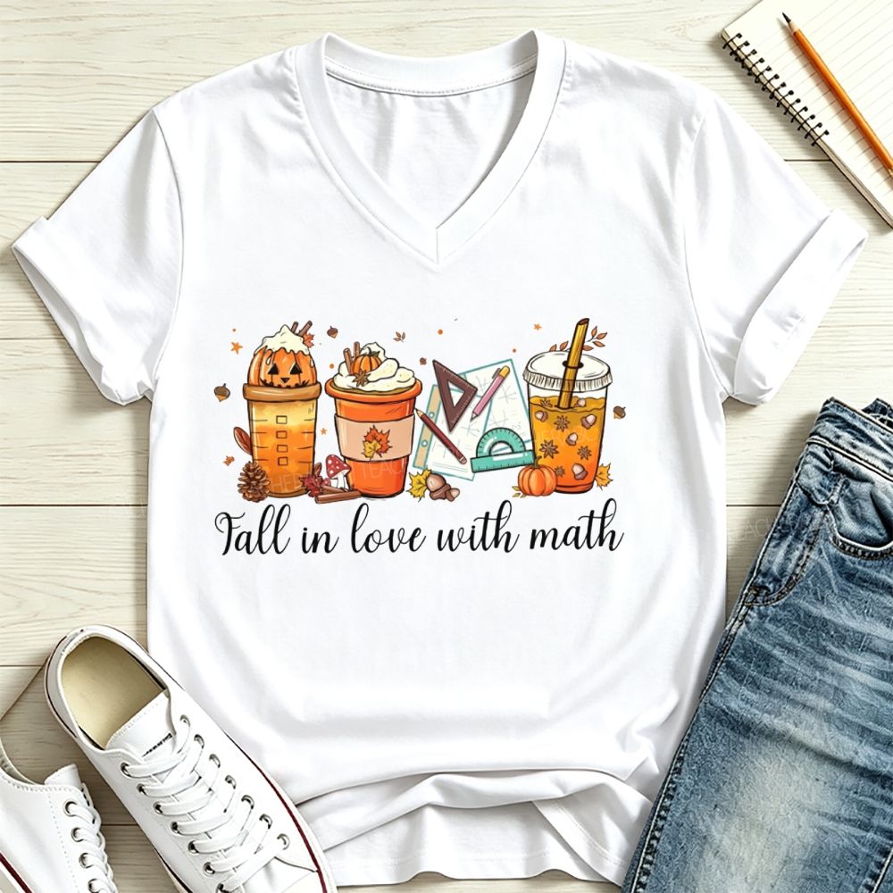 Fall In Love With Math Pumpkin Spice Coffee Latte Math Teacher V Neck T-shirt