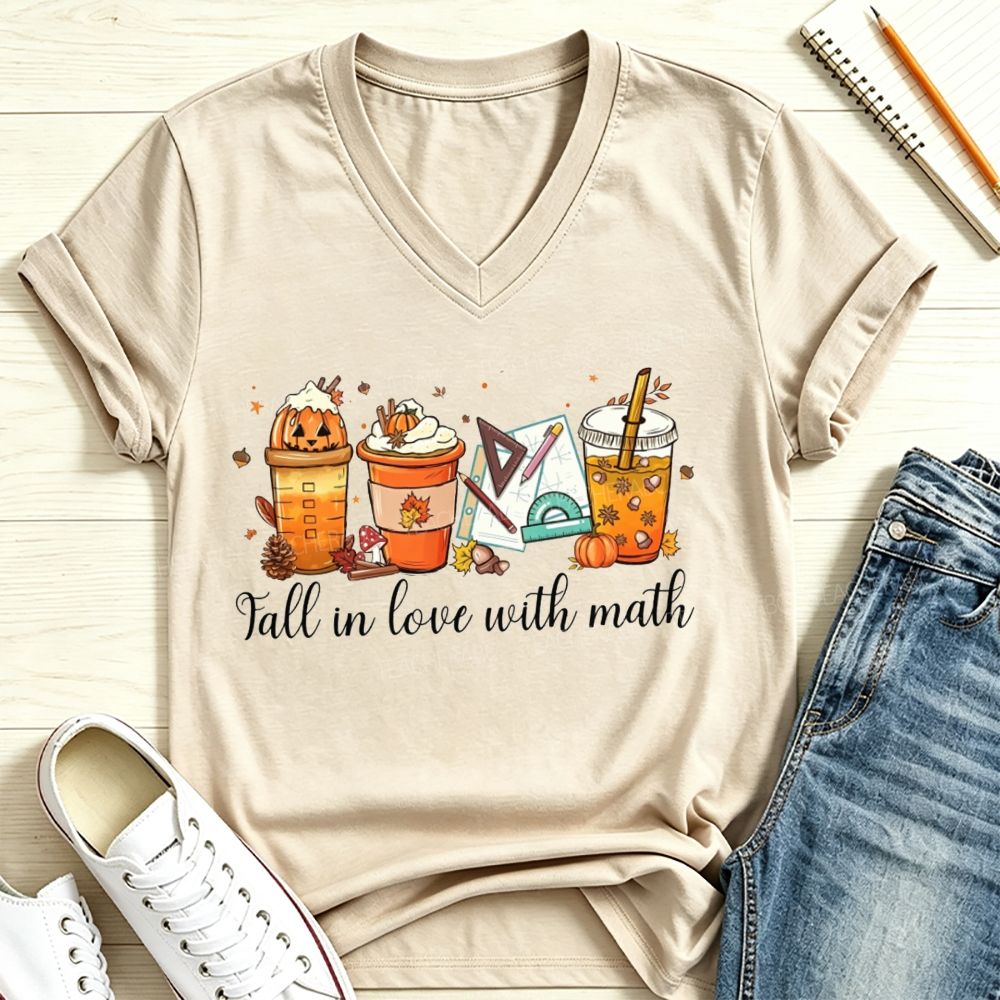 Fall In Love With Math Pumpkin Spice Coffee Latte Math Teacher V Neck T-shirt