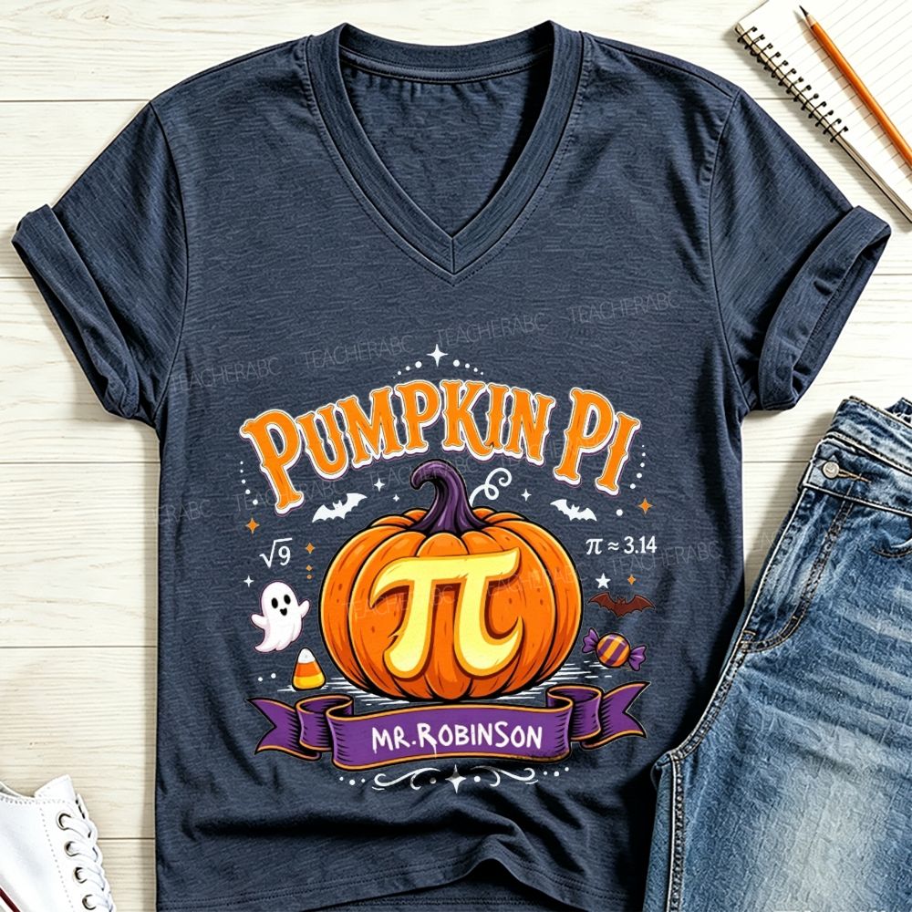 Personalized Name Pumpkin Pi Custom Name Halloween Math Teacher V Neck T-shirt