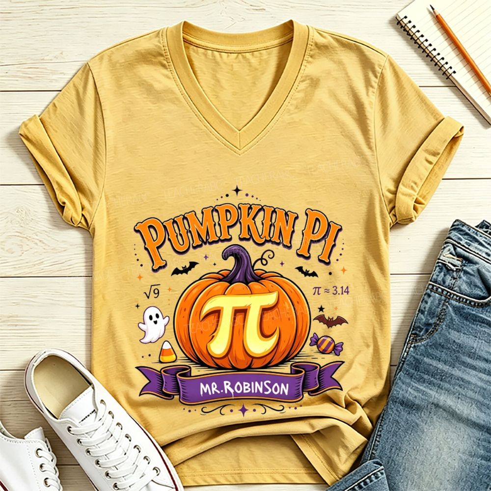 Personalized Name Pumpkin Pi Custom Name Halloween Math Teacher V Neck T-shirt