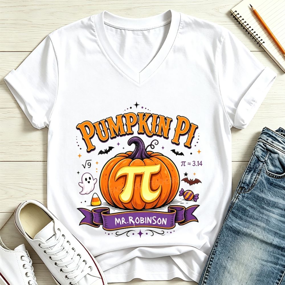 Pumpkin Pi Custom Name Halloween Math Teacher V Neck T-shirt