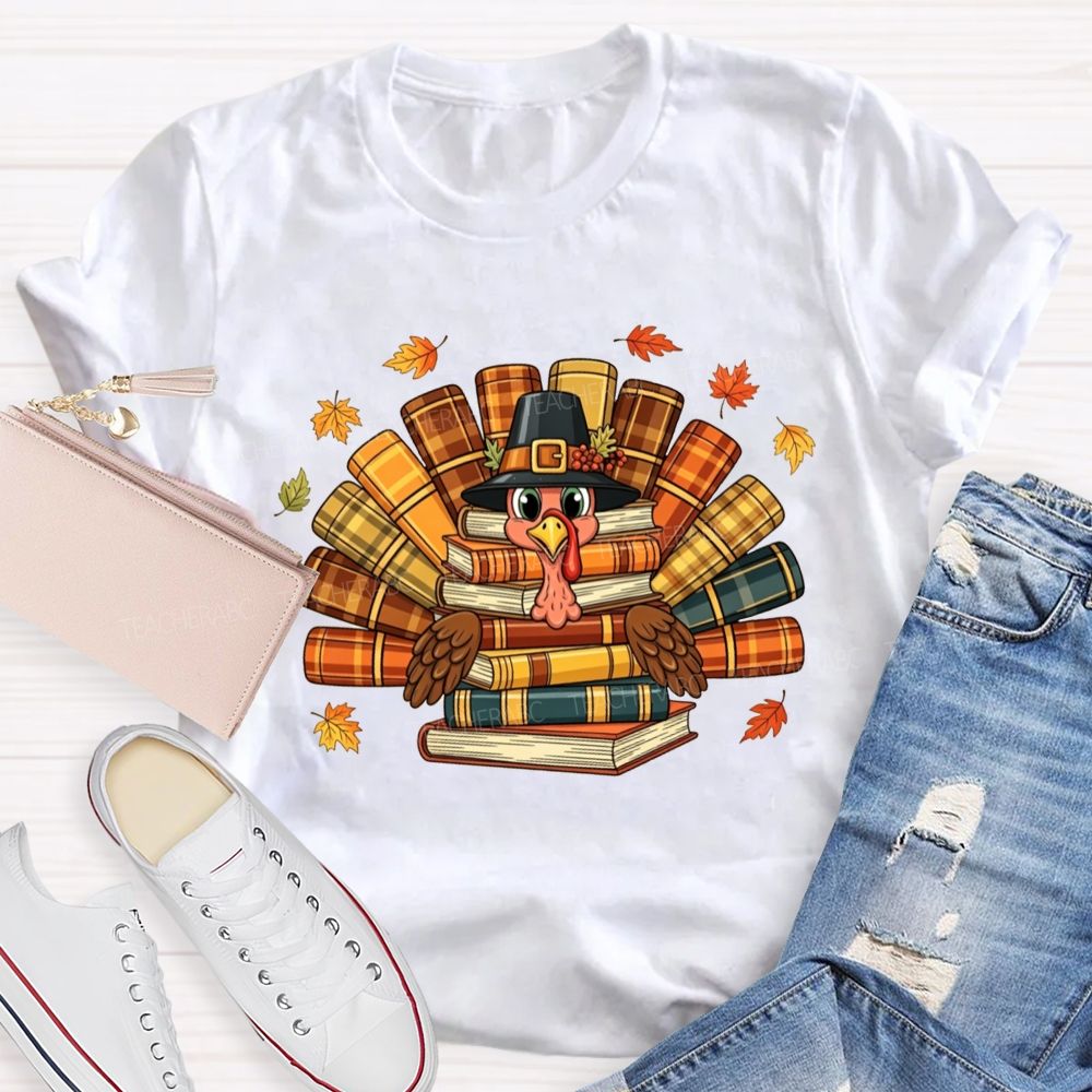Fall Teacher Turkey Book Stack Thanksgiving Teacher T-shirt