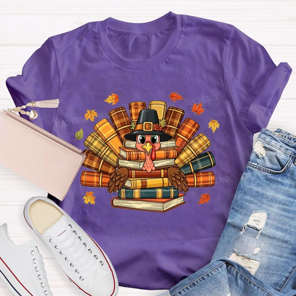 Fall Teacher Turkey Book Stack Thanksgiving Teacher T-shirt