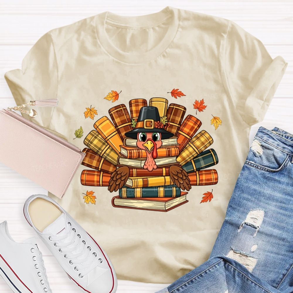 Fall Teacher Turkey Book Stack Thanksgiving Teacher T-shirt