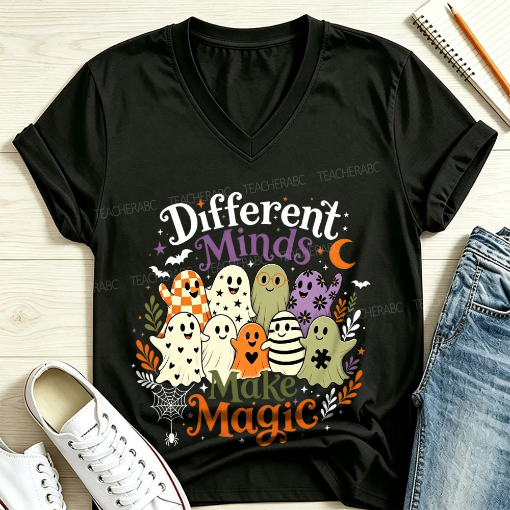 Different Minds Make Magic Ghost Halloween Special Education V Neck T-shirt