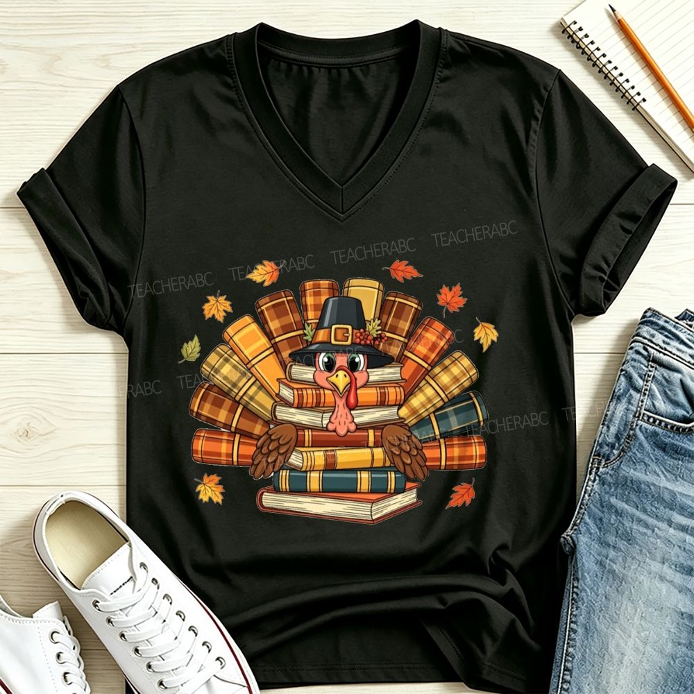 Fall Teacher Turkey Book Stack Thanksgiving V Neck T-shirt