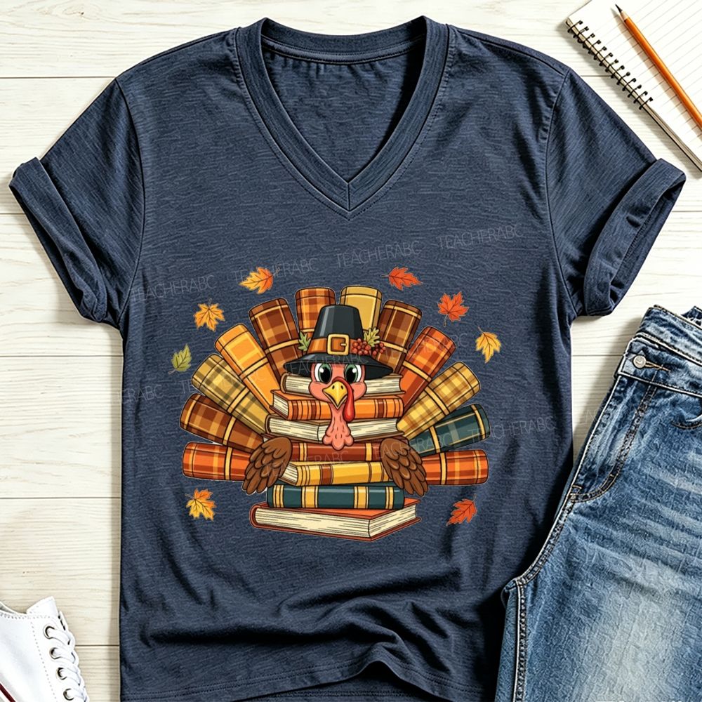 Fall Teacher Turkey Book Stack Thanksgiving V Neck T-shirt