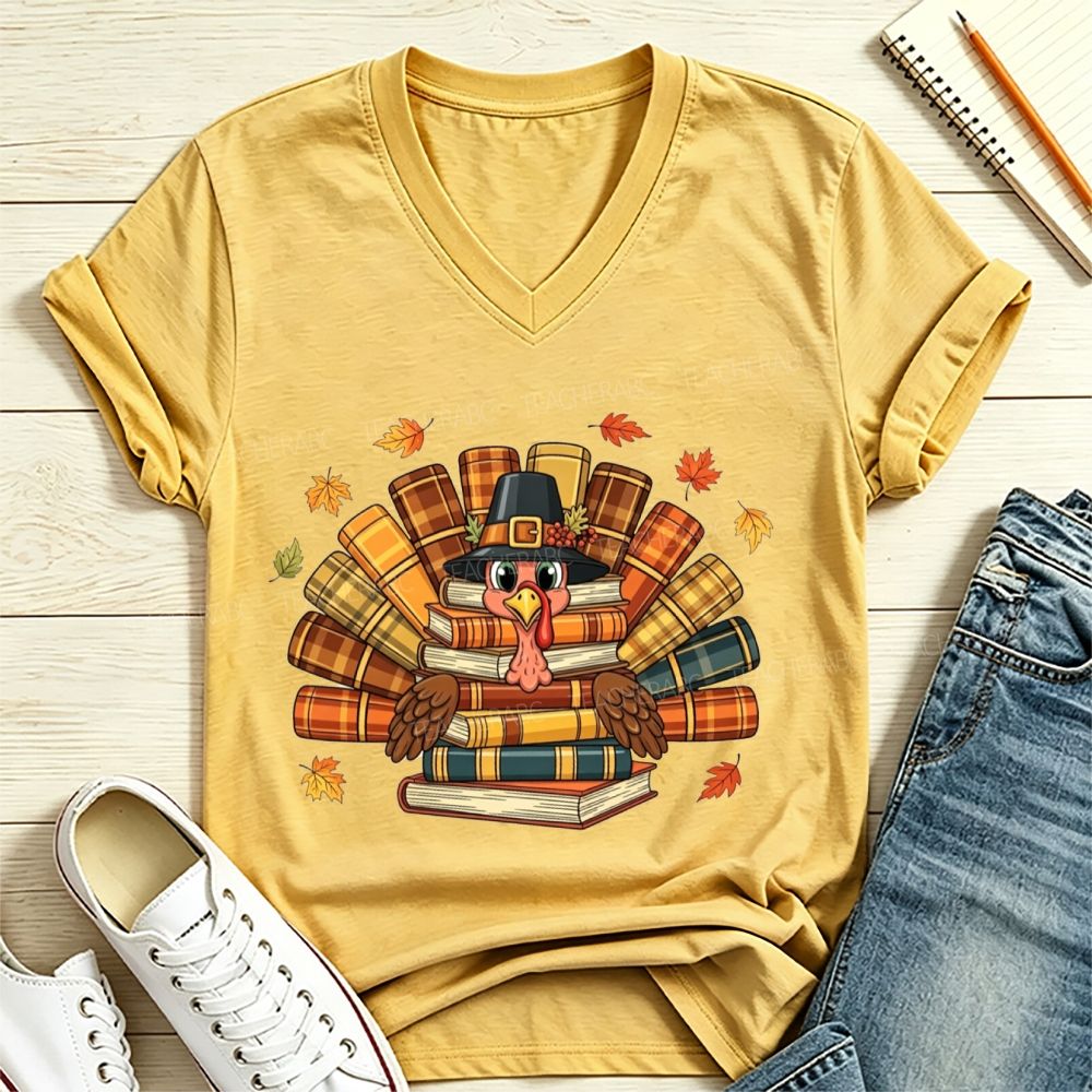Fall Teacher Turkey Book Stack Thanksgiving V Neck T-shirt