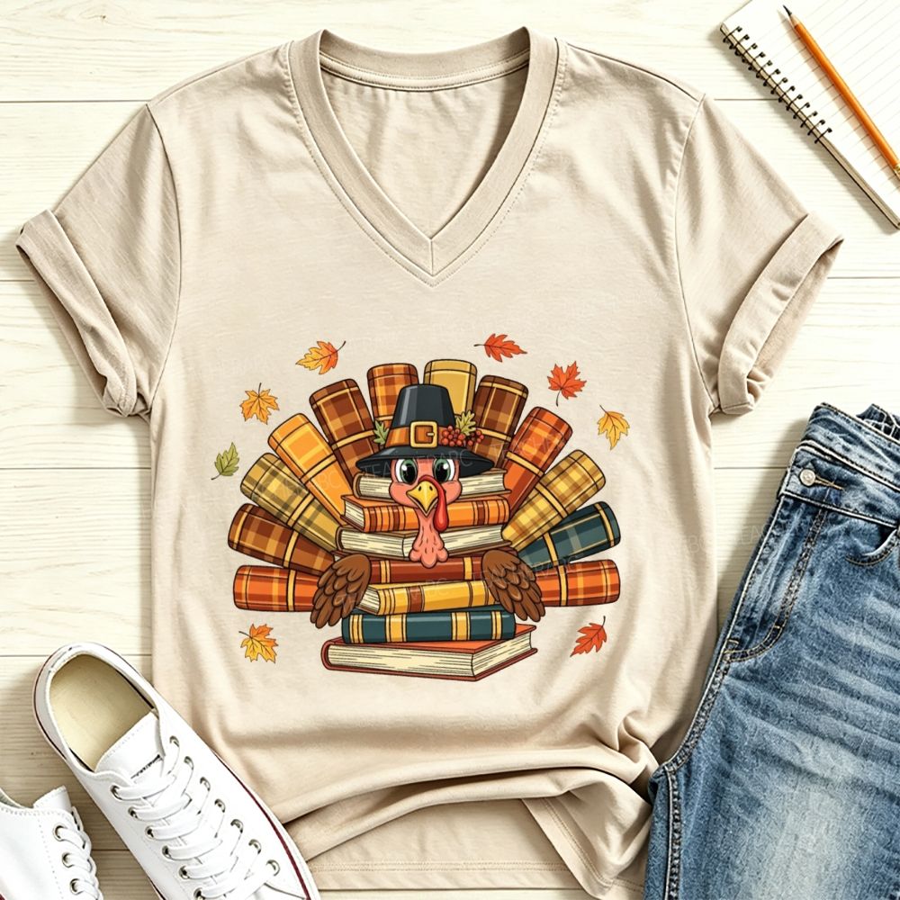 Fall Teacher Turkey Book Stack Thanksgiving V Neck T-shirt