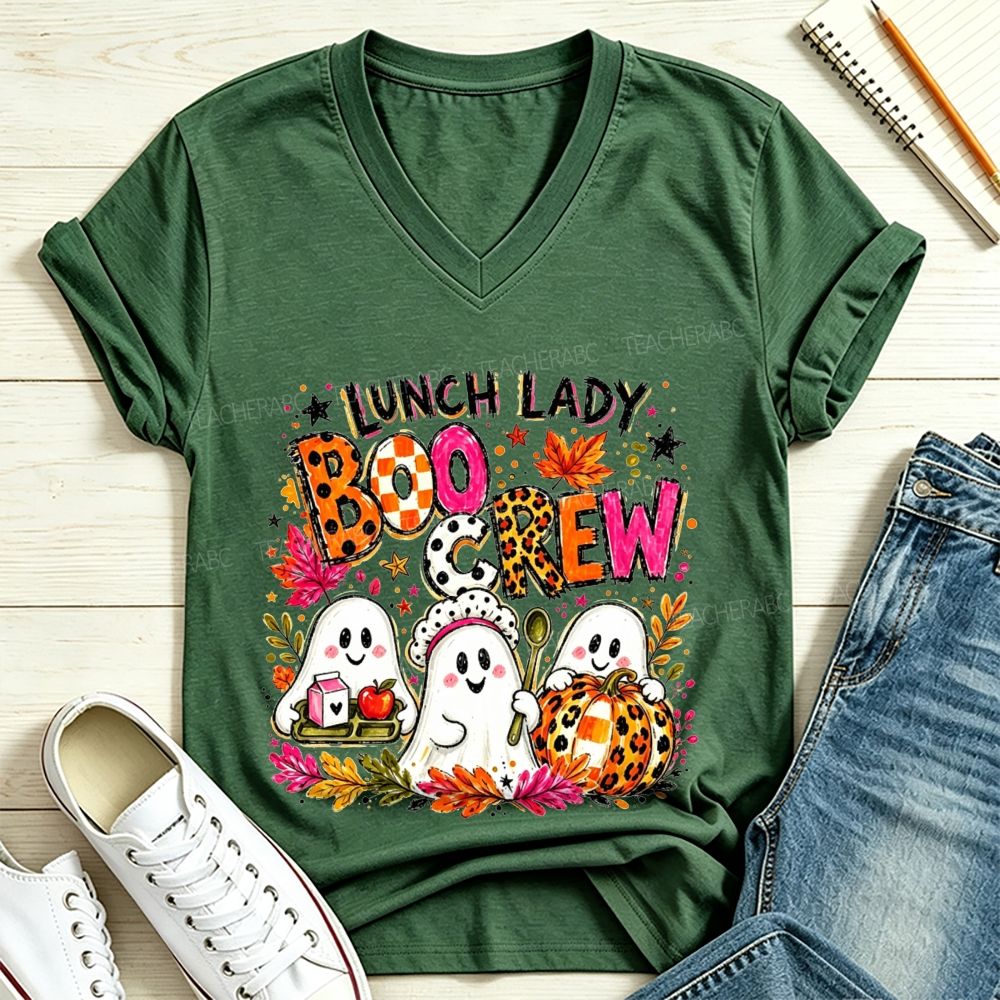 Lunch Lady Boo Crew Halloween Ghost V Neck T-shirt