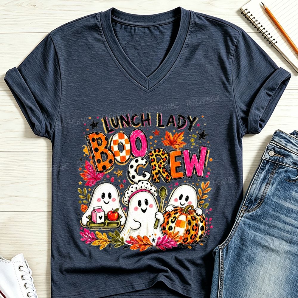 Lunch Lady Boo Crew Halloween Ghost V Neck T-shirt