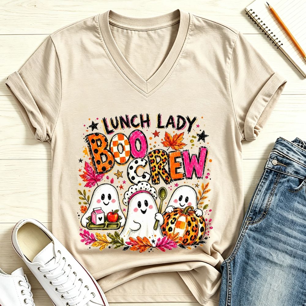 Lunch Lady Boo Crew Halloween Ghost V Neck T-shirt