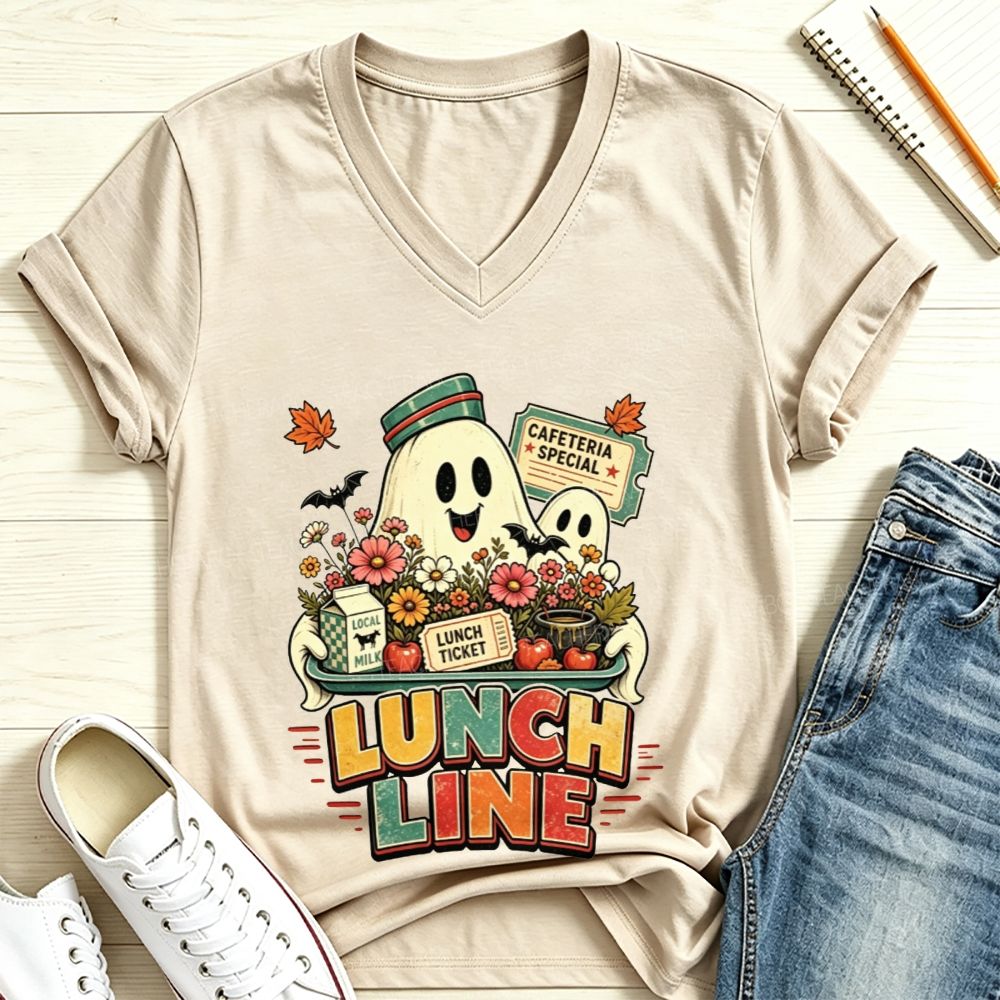 Lunch Line Ghost Cafeteria Worker Halloween V Neck T-shirt