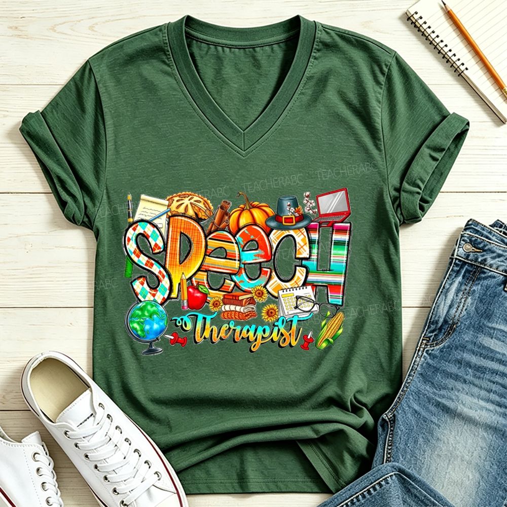 Fall Speech Therapist Thanksgiving Slp Autumn Pumpkin V Neck T-shirt