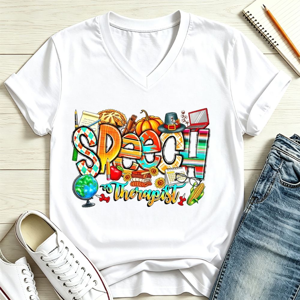 Fall Speech Therapist Thanksgiving Slp Autumn Pumpkin V Neck T-shirt