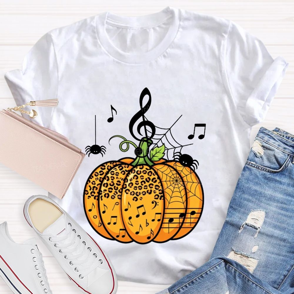 Music Teacher Halloween Pumpkin With Music Notes And Spiders Teacher T-shirt