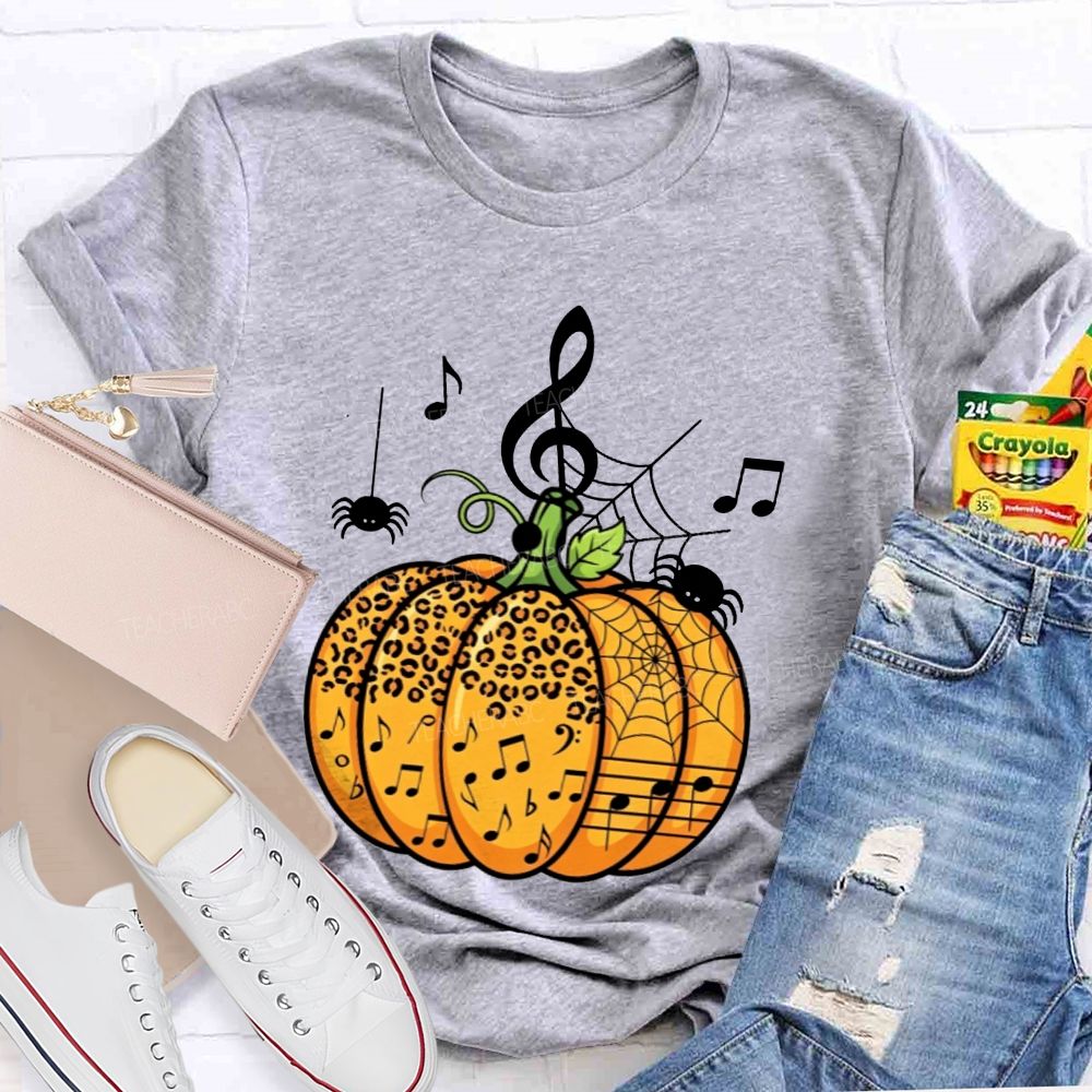 Music Teacher Halloween Pumpkin With Music Notes And Spiders Teacher T-shirt