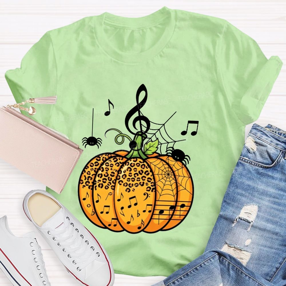 Music Teacher Halloween Pumpkin With Music Notes And Spiders Teacher T-shirt