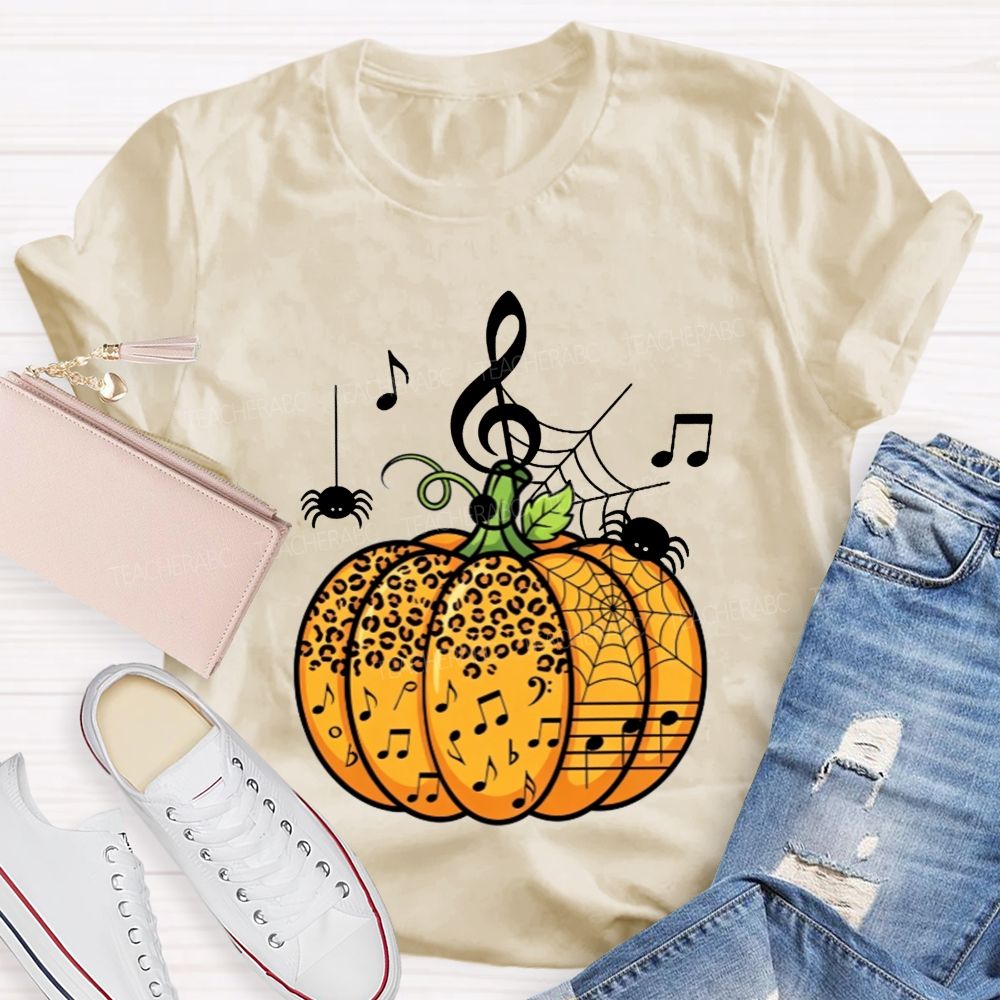 Music Teacher Halloween Pumpkin With Music Notes And Spiders Teacher T-shirt