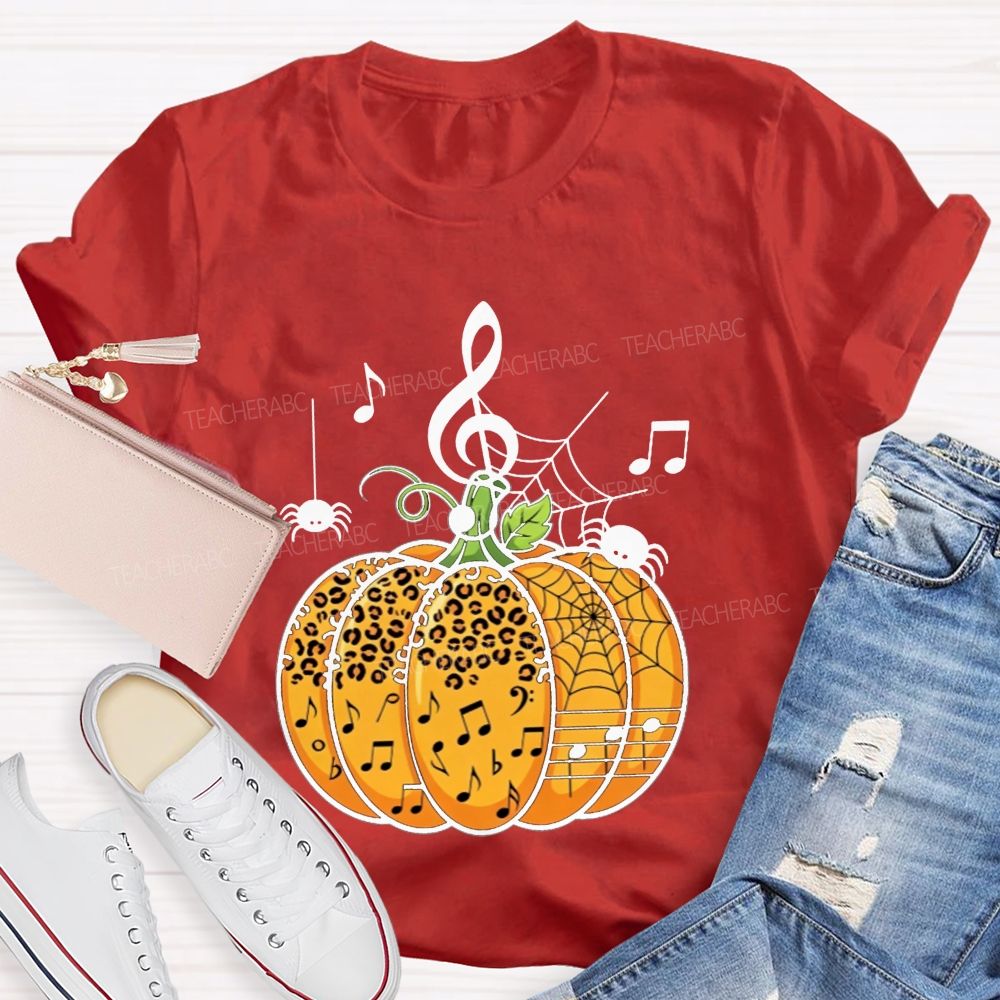 Music Teacher Halloween Pumpkin With Music Notes And Spiders Teacher T-shirt