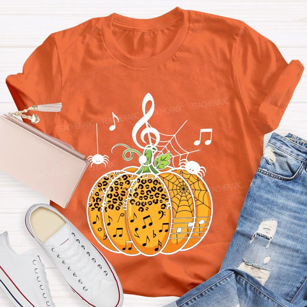 Music Teacher Halloween Pumpkin With Music Notes And Spiders Teacher T-shirt