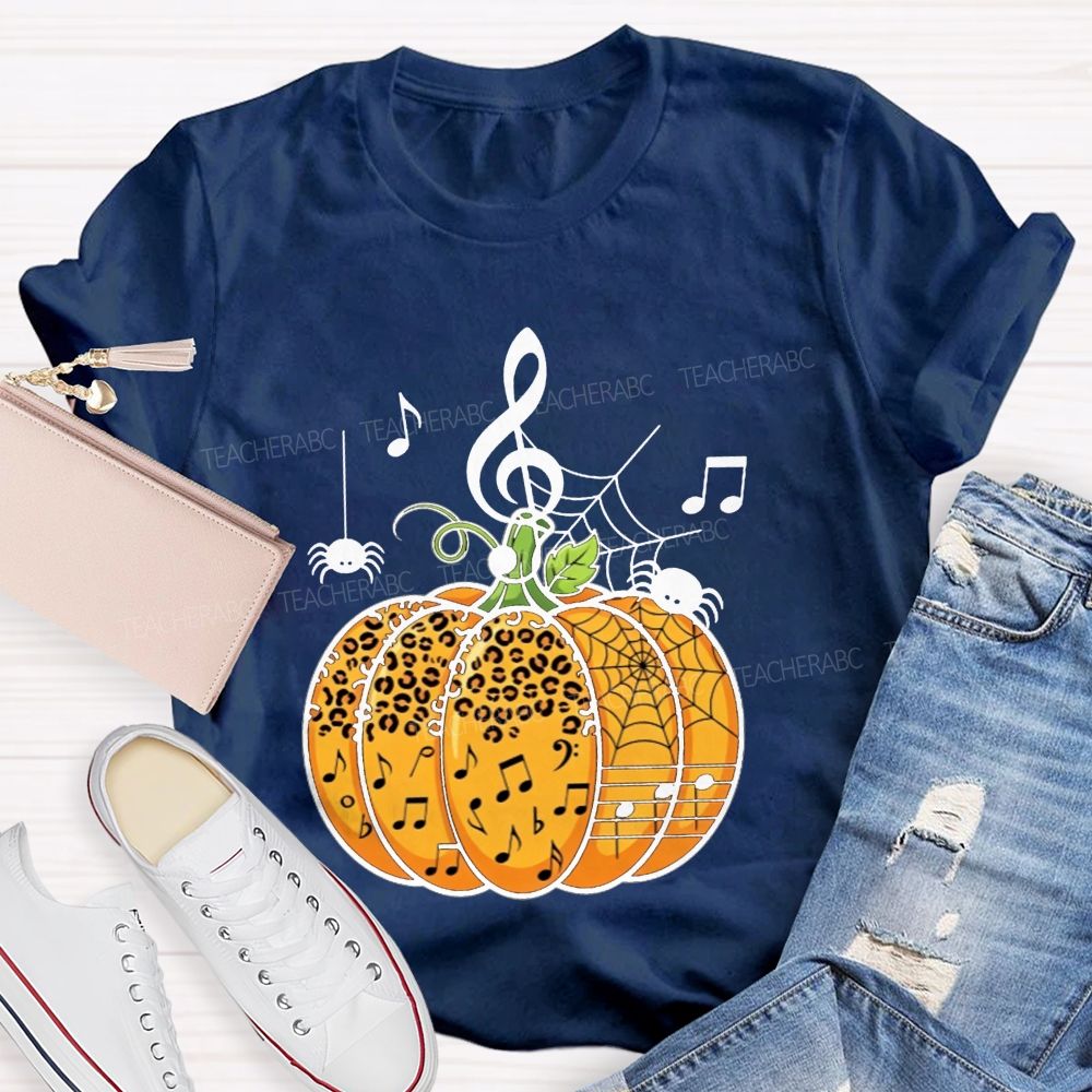 Music Teacher Halloween Pumpkin With Music Notes And Spiders Teacher T-shirt