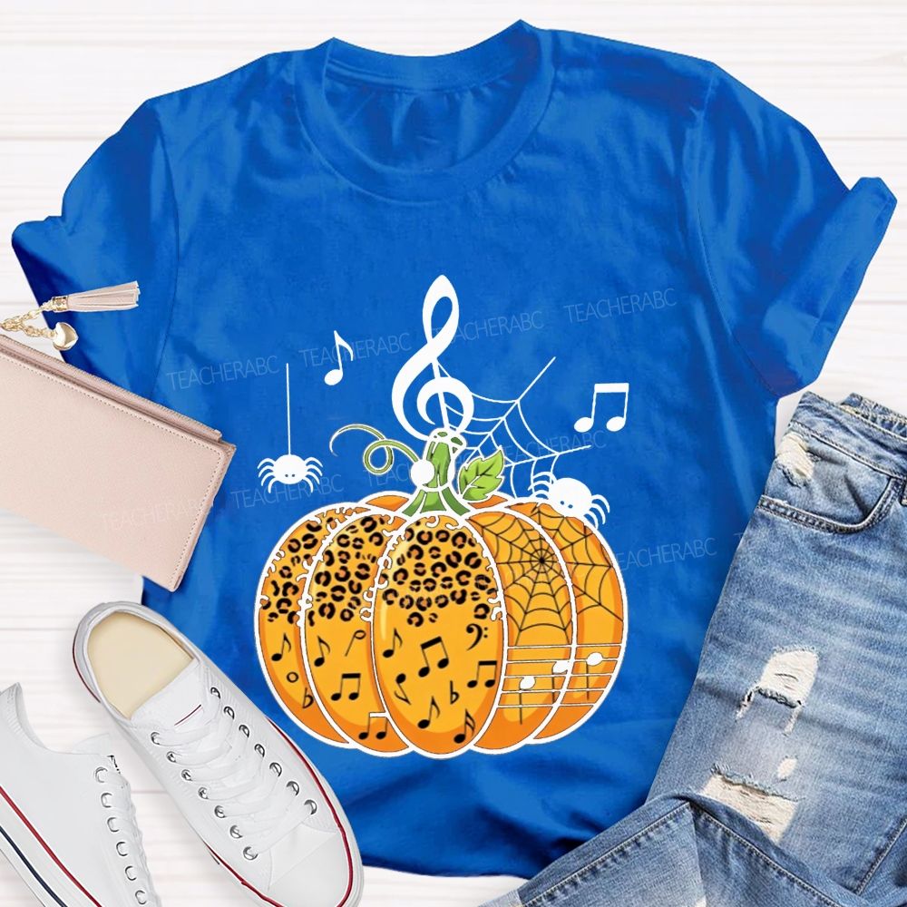 Music Teacher Halloween Pumpkin With Music Notes And Spiders Teacher T-shirt