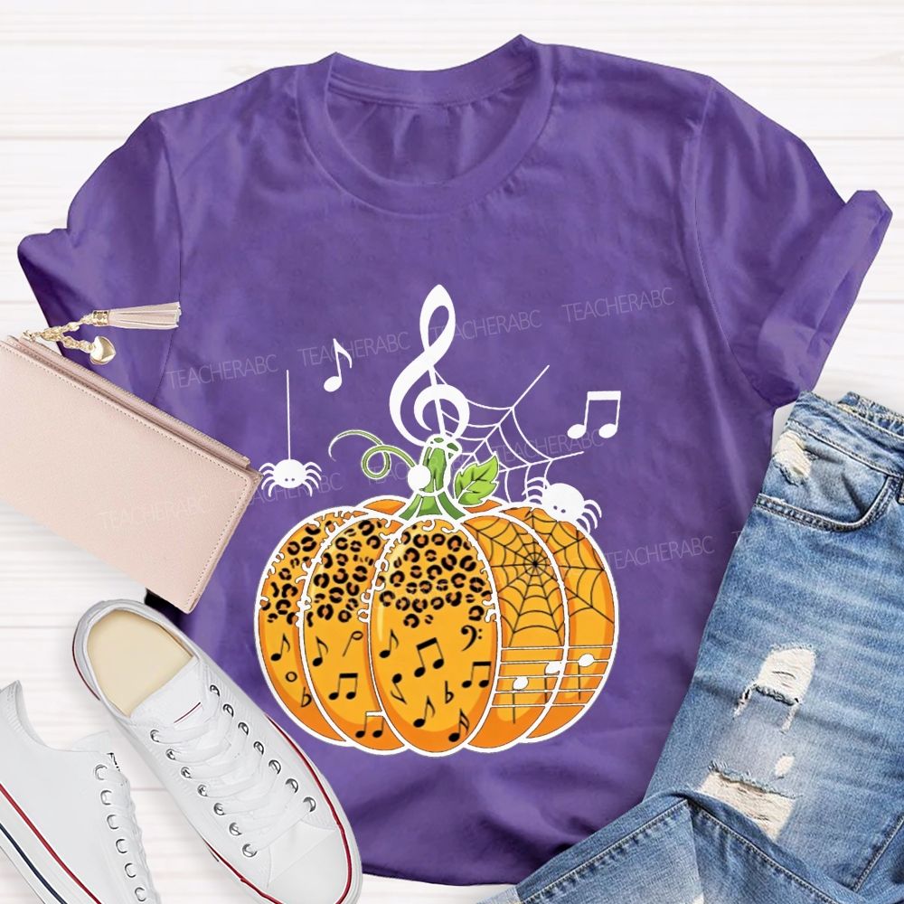 Music Teacher Halloween Pumpkin With Music Notes And Spiders Teacher T-shirt