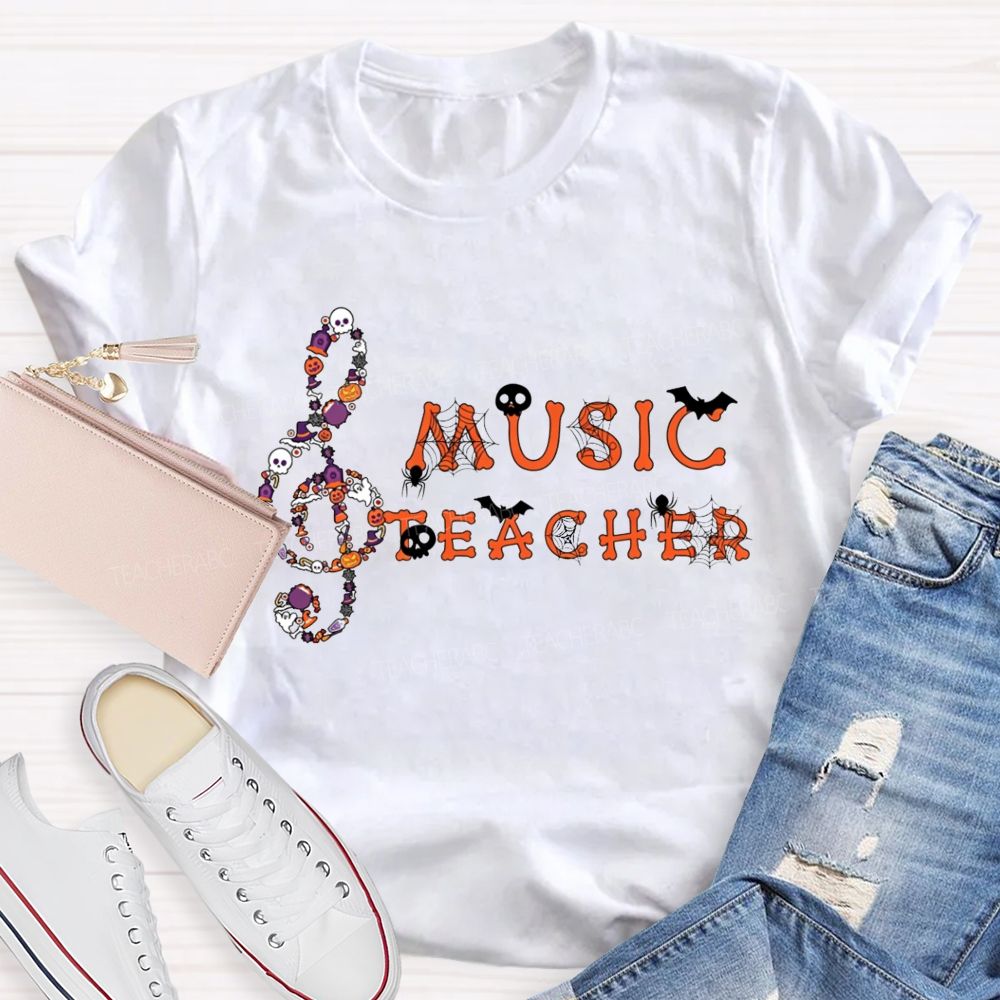 Halloween Music Teacher Treble Clef With Skulls Spiders Teacher T-shirt
