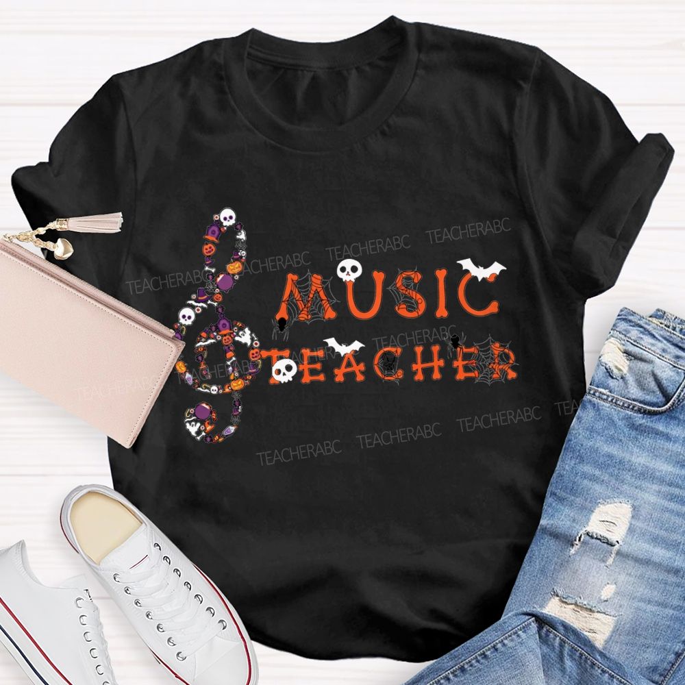 Halloween Music Teacher Treble Clef With Skulls Spiders Teacher T-shirt