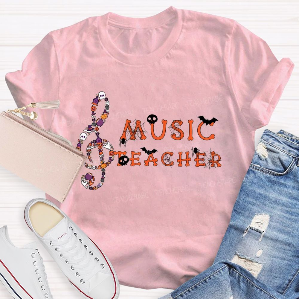 Halloween Music Teacher Treble Clef With Skulls Spiders Teacher T-shirt