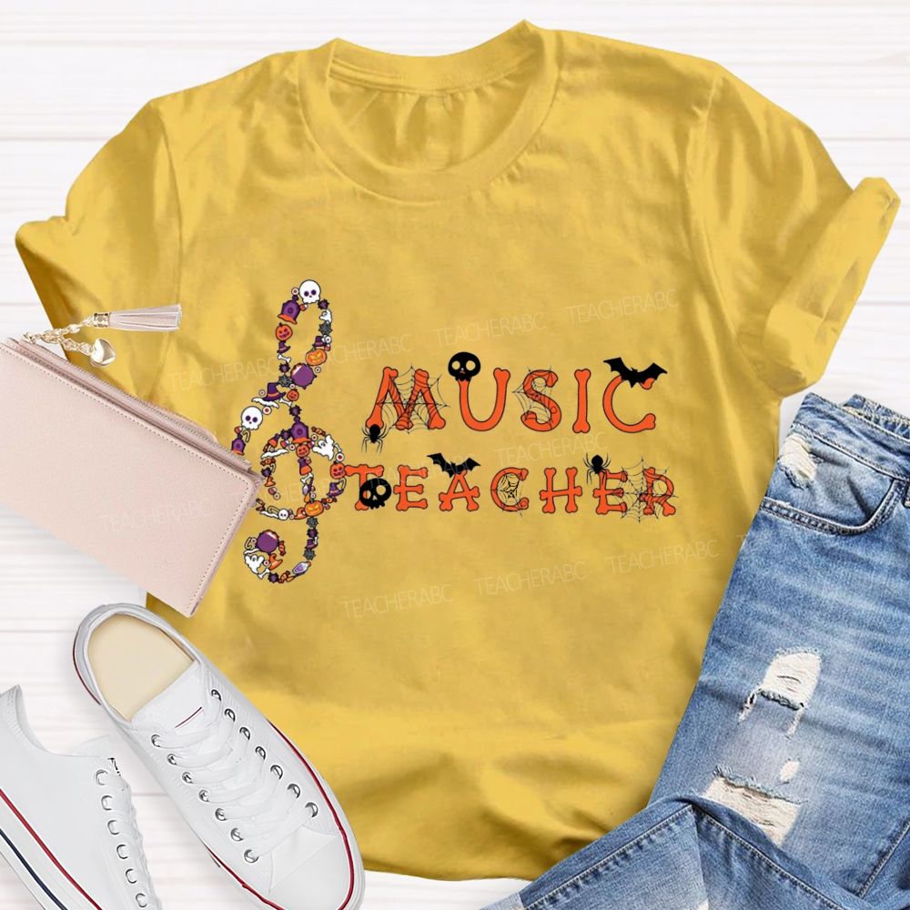 Halloween Music Teacher Treble Clef With Skulls Spiders Teacher T-shirt
