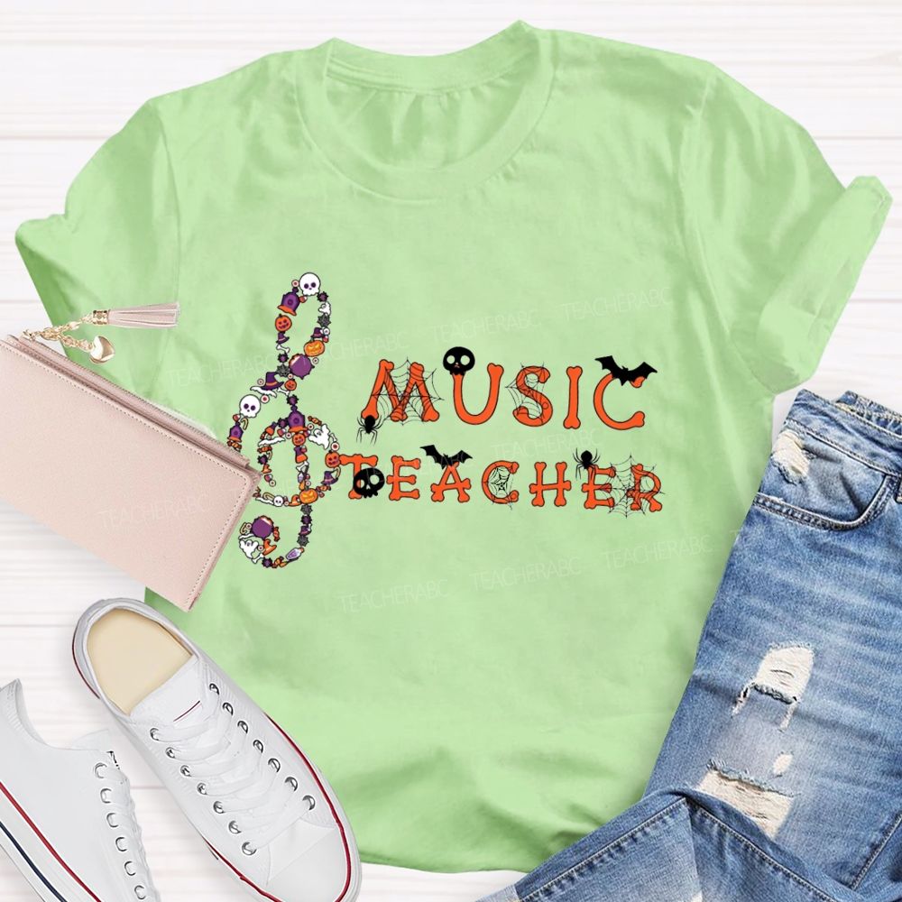 Halloween Music Teacher Treble Clef With Skulls Spiders Teacher T-shirt