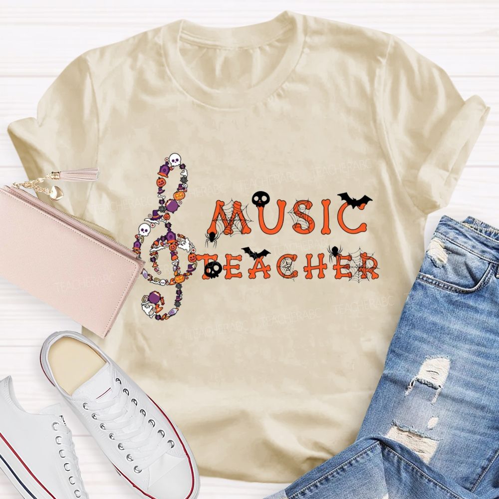 Halloween Music Teacher Treble Clef With Skulls Spiders Teacher T-shirt