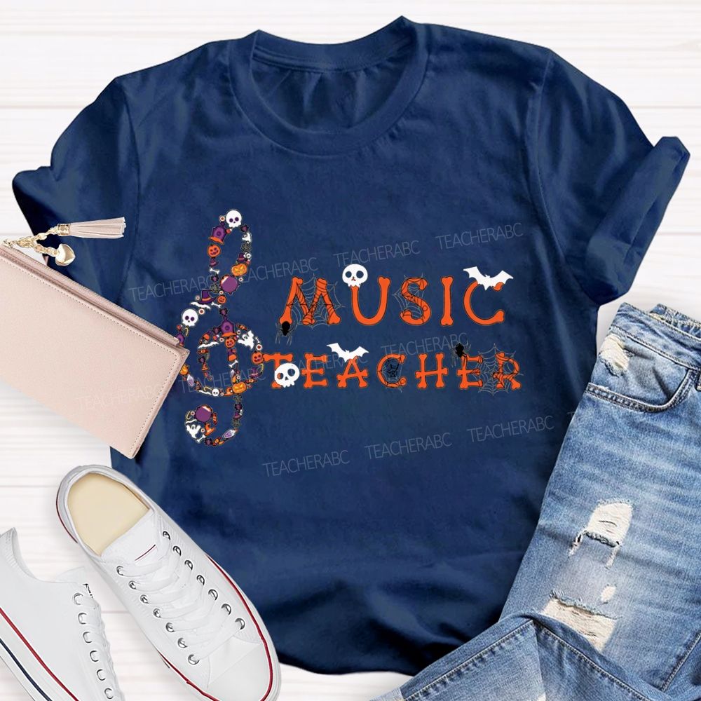 Halloween Music Teacher Treble Clef With Skulls Spiders Teacher T-shirt