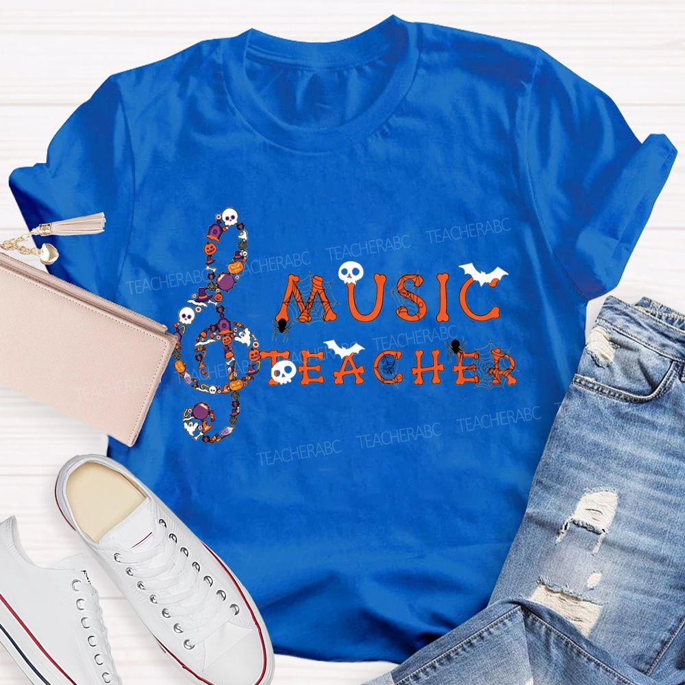 Halloween Music Teacher Treble Clef With Skulls Spiders Teacher T-shirt