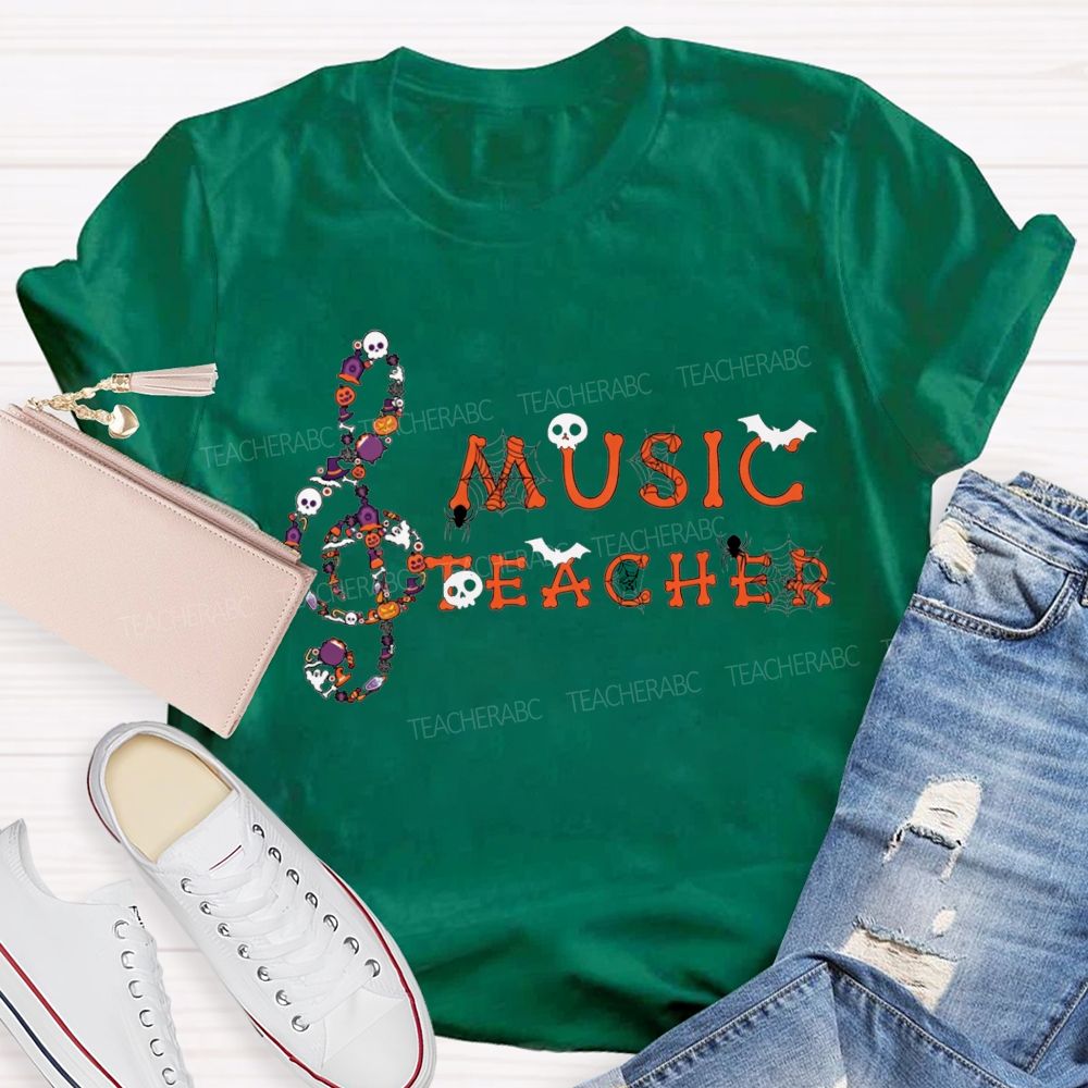 Halloween Music Teacher Treble Clef With Skulls Spiders Teacher T-shirt