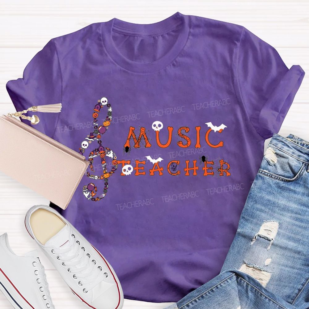 Halloween Music Teacher Treble Clef With Skulls Spiders Teacher T-shirt