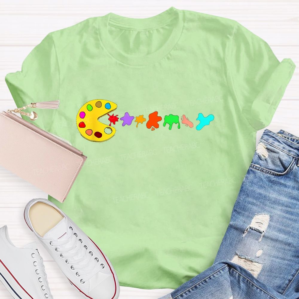 Pac-Man Art Palette Eating Paint Splats Art Teacher T-shirt