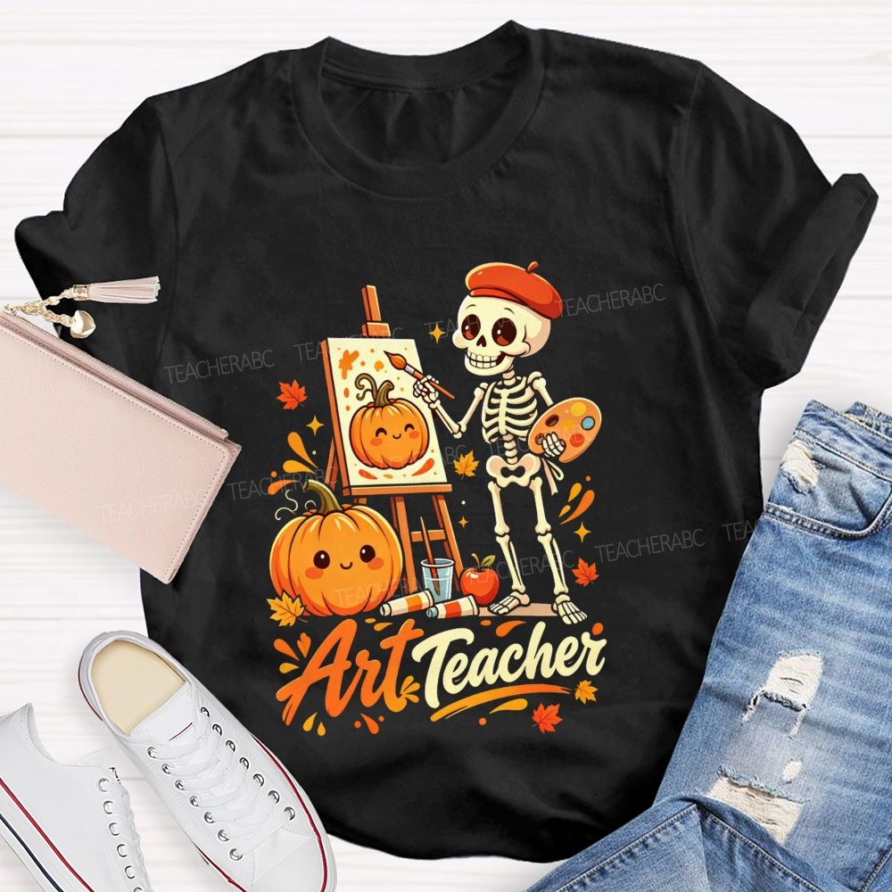 Halloween Art Teacher Skeleton Pumpkin Painter T-shirt