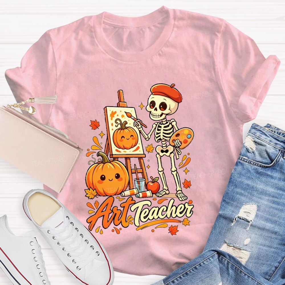 Halloween Art Teacher Skeleton Pumpkin Painter T-shirt