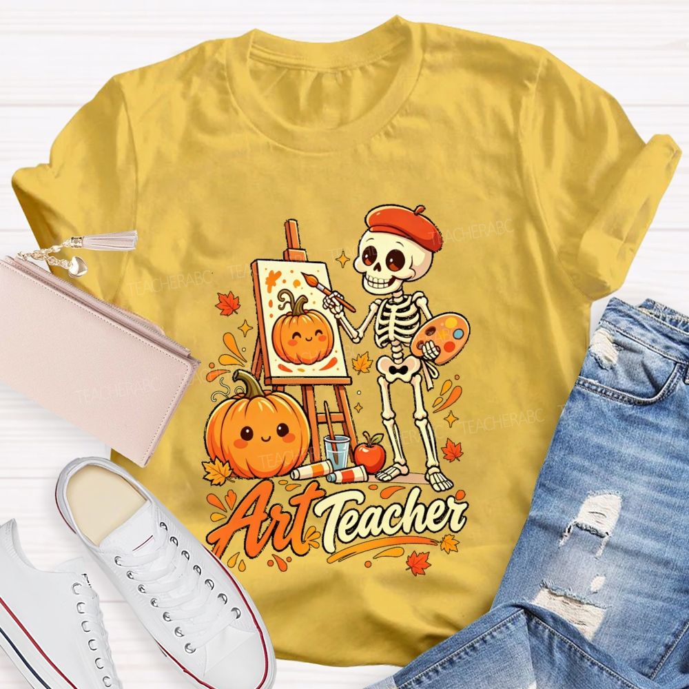 Halloween Art Teacher Skeleton Pumpkin Painter T-shirt